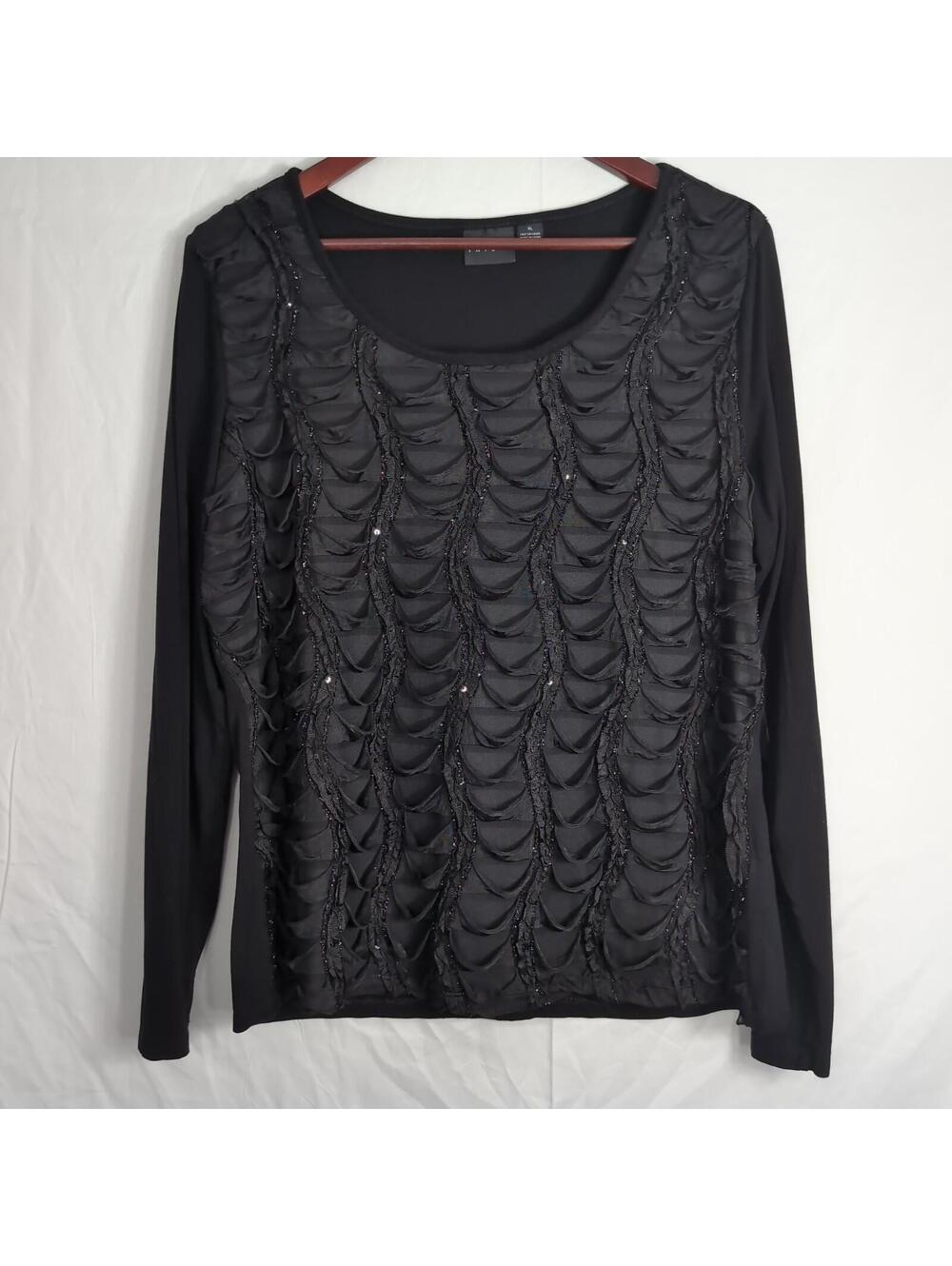 Tribal Blouse XL Black Long Sleeve Ruffle Front Sequin Beaded Scoop Neck Texture